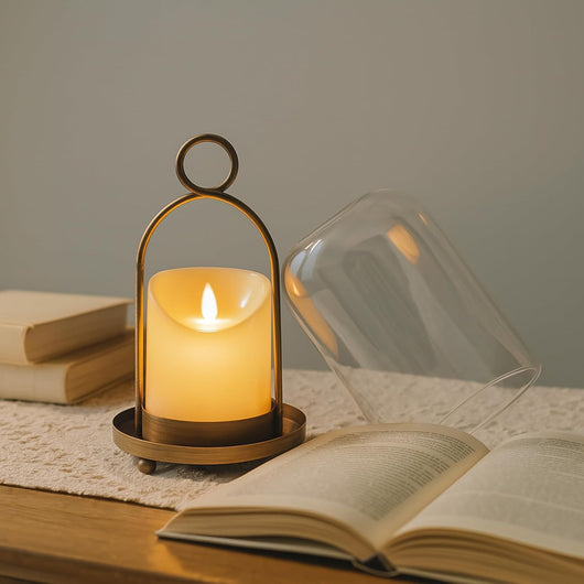 Decorative Glass Dome Candle Holder Set of 2 | Antique Brass, Black | Protective Holder for Pillar Candles & Home Lantern