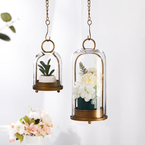 Decorative Glass Dome Candle Holder Set of 2 | Antique Brass, Black | Protective Holder for Pillar Candles & Home Lantern