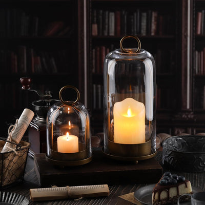 Decorative Glass Dome Candle Holder Set of 2 | Antique Brass, Black | Protective Holder for Pillar Candles & Home Lantern