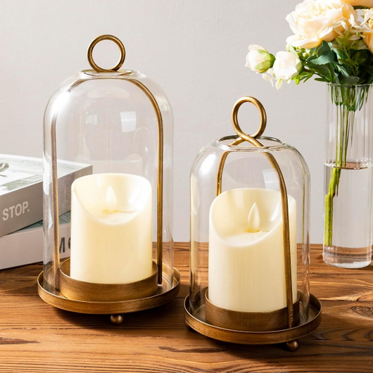 Decorative Glass Dome Candle Holder Set of 2 | Antique Brass, Black | Protective Holder for Pillar Candles & Home Lantern