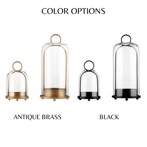 Decorative Glass Dome Candle Holder Set of 2 | Antique Brass, Black | Protective Holder for Pillar Candles & Home Lantern