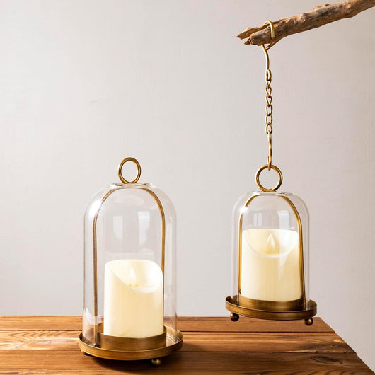 Decorative Glass Dome Candle Holder Set of 2 | Antique Brass, Black | Protective Holder for Pillar Candles & Home Lantern