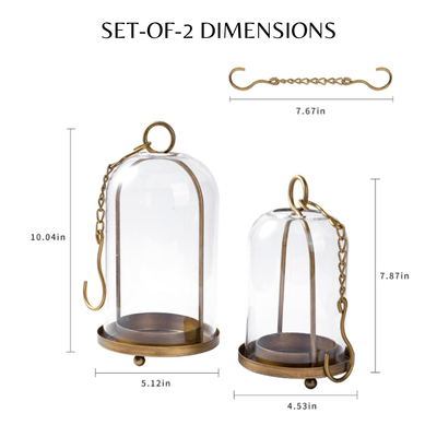 Decorative Glass Dome Candle Holder Set of 2 | Antique Brass, Black | Protective Holder for Pillar Candles & Home Lantern